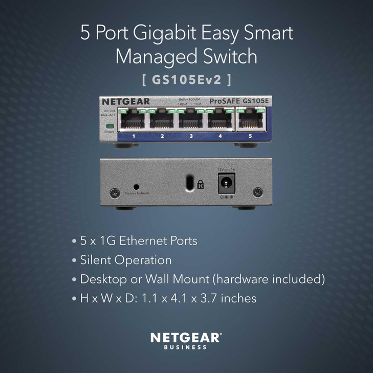 NETGEAR 5Port Gigabit Ethernet Easy Smart Managed Switch GS105Ev2 Managed Desktop or Wall Mount and Limited Lifetime Pro