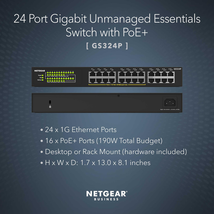 NETGEAR 24Port PoE Gigabit Ethernet Unmanaged Essentials Switch GS324P with 16 x PoE 190W Desktop or Rackmount