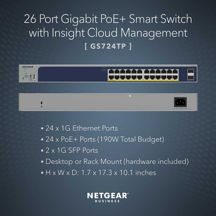NETGEAR 26Port PoE Gigabit Ethernet Smart Switch GS724TP Managed 24 x 1G 24 x PoE 190W 2 x 1G SFP Optional Insight Cloud