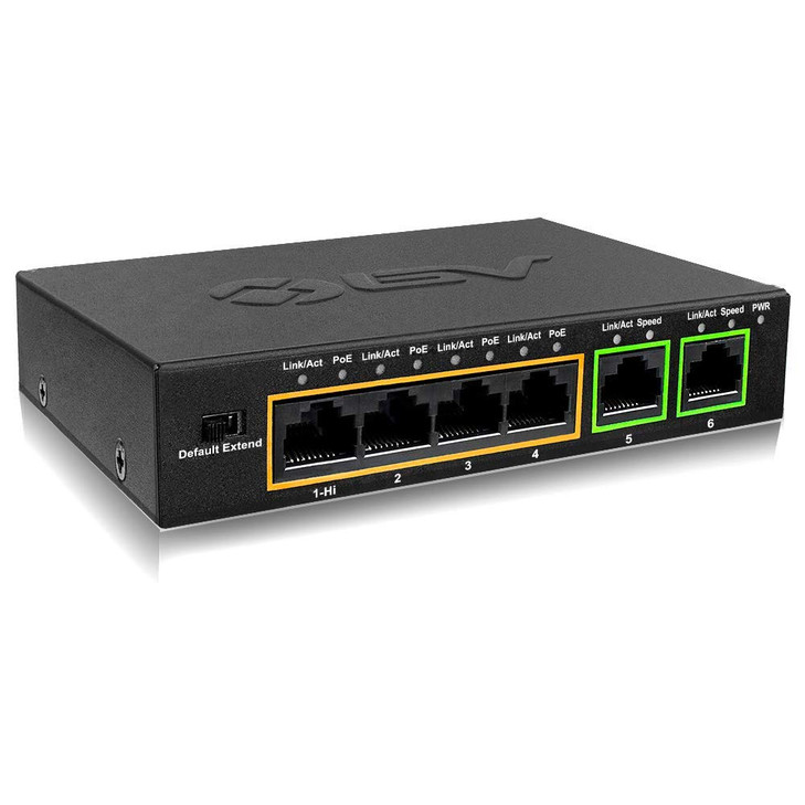 BVTech 6 Port PoE Switch 4 PoE Ports with 2 Ethernet Uplink and Extend Function 60W 8023at 1 High Power PoE Port Desktop