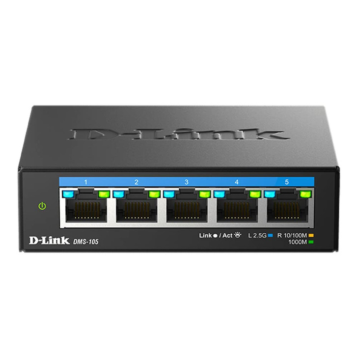 DLink 5Port 25GB Unmanaged Gaming Switch with 5 x 25G MultiGig Network Fanless Plug Play DMS105Black