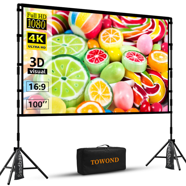 TOWOND Projector Screen with Stand 100 inch Outdoor Projector Screen Portable Indoor Projection Screen 169 4K Rear Front