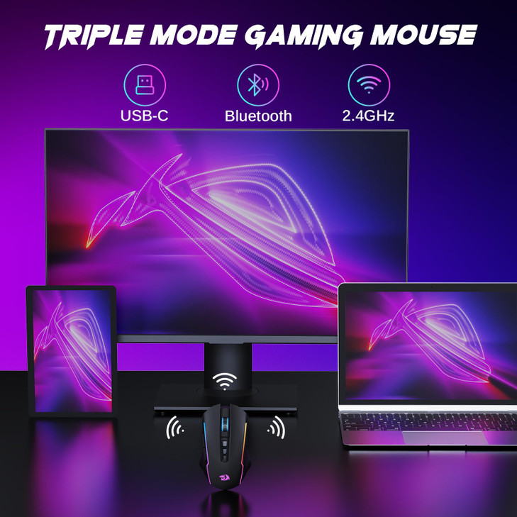 Redragon Wireless Gaming Mouse TriMode 24GUSBCBluetooth Mouse Gaming 12000 DPI RGB Backlit Fully Programmable Rechargeab
