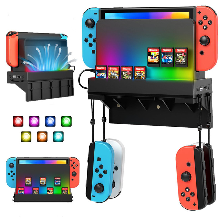 RGB Switch Wall Mount for Nintendo SwitchOLED Games Console Wall Shelf with 7 Light ModeStation Stand Holder for Switch