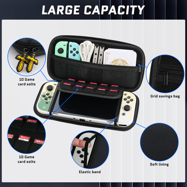 FUNDIARY Black Carrying Case for Nintendo Switch and Switch OLED with Zelda Kingdom Design Shockproof Accessories with P