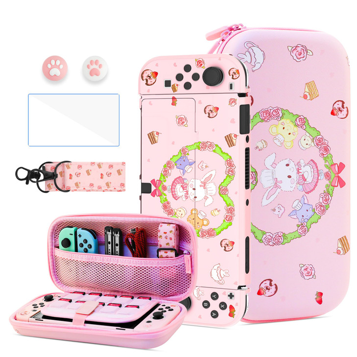 HYPERCASE Cute Bunny Switch OLED Case Kit Pink Accessories Bundle Kit with Switch OLED Travel Carrying Bag Hard PC OLED