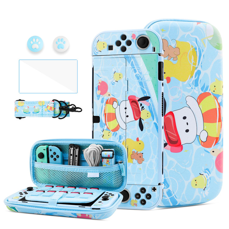 HYPERCASE 8 in 1 Cute Switch OLED Case Accessories Kit with Blue Carrying Travel Bag Pouch of Pocha Dog Hard Cover Skin