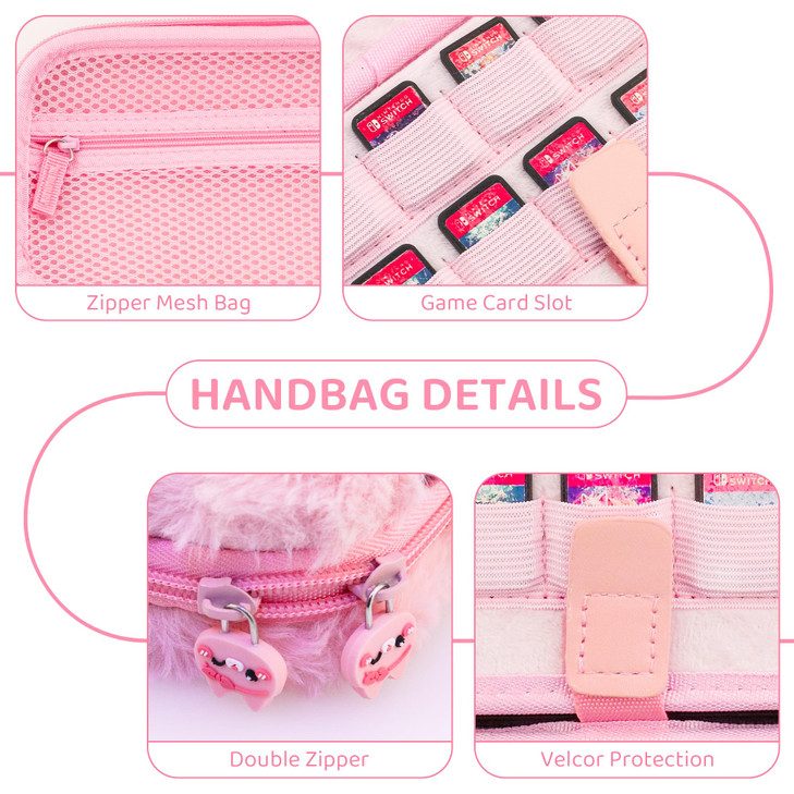 GLDRAM Pink Plush Carrying Case Compatible with Nintendo Switch OLED Cute Cartoon Cat Accessories Bundle with Portable T