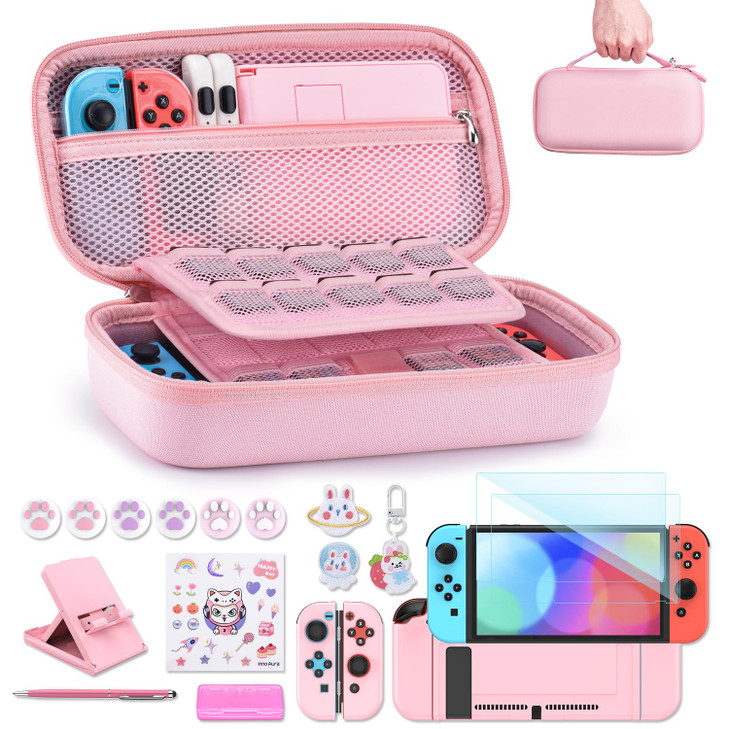 innoAura Switch Case 19in1 Bundle for NS Switch 2017 with Carrying Case Game Organizer Screen Protector Stand and Thumb