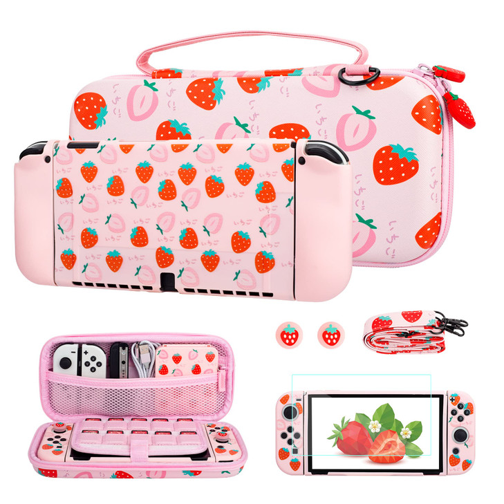 FUNDIARY Pink Strawberry Travel Carrying Case for Nintendo Switch OLED Portable Accessories Kit with Shouckproof Storage
