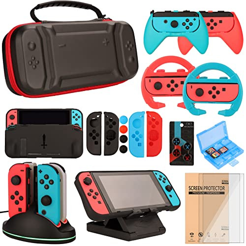 Switch Accessories Bundle for Nintendo Switch Games Kit with Carrying Case Steering Wheels Screen Protectors Charging Do