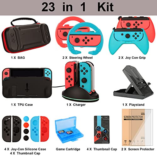 Switch Accessories Bundle for Nintendo Switch Games Kit with Carrying Case Steering Wheels Screen Protectors Charging Do