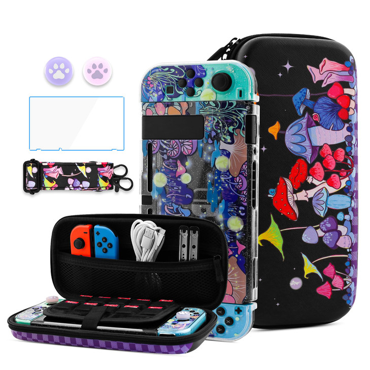 HYPERCASE Cute Carrying Case Set for Nintendo Switch Accessories Magical Mushroom Hard Travel Storage Bag with Glitter P