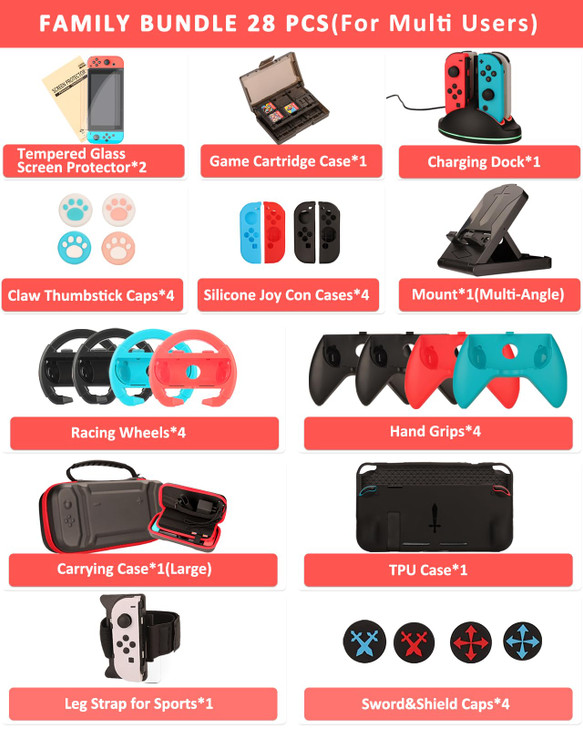 Switch Accessories Family Bundle Accessories for Nintendo Switch Carry Case Screen Protector4 Pack Joy Con Grips and Ste