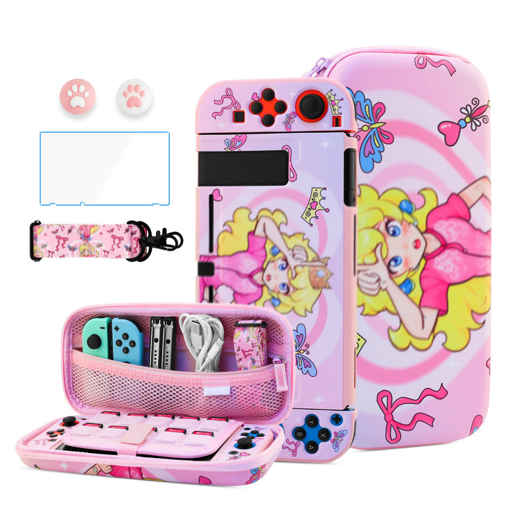 HYPERCASE Cute Pink NS Not OLEDLite Kit of Princess with Portable Switch Carrying Case Travel Bag TPU Softshell Switch C
