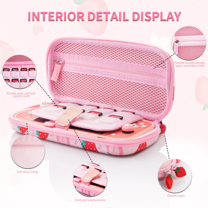 HYPERCASE Strawberry Carrying Case for Nintendo Switch Lite Portable Accessories Bundle with Pink Switch Lite Storage Ba