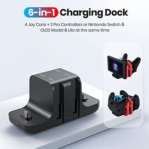 NEWDERY Controller Charger Dock for Nintendo Switch Pro Controller and Joy con 6in1 Fast Charging Dock Station for Switc