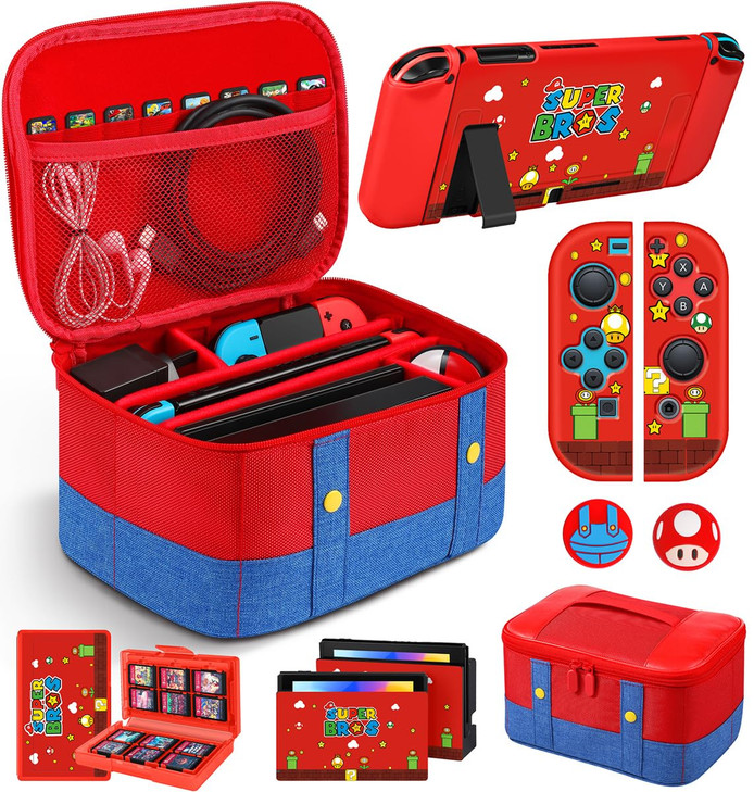 Gurgitat 9in1 Carrying Case for Nintendo Switch Travel Carry Cases Bundle Cute Boys Protective CoverThumb Grips Button C