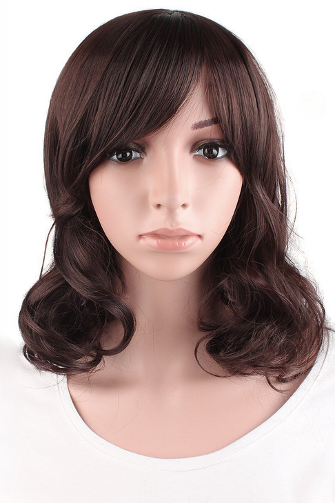 MapofBeauty 16 Inch/ 40 cm Daily Use Side Bangs Medium Curly Wig (Dark Brown) online at globaldelivered