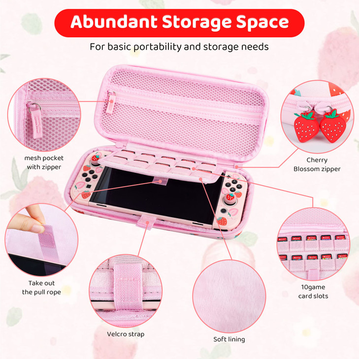 FUNDIARY Strawberry Pink Carrying Case for Nintendo Switch OLED Cute Travel Case Protector for Switch oled Accessories w