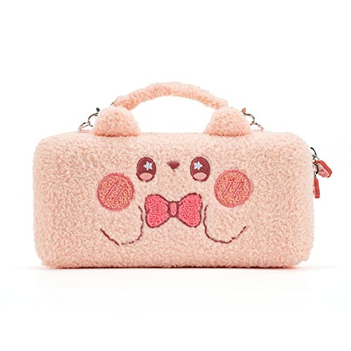 GeekShare Pink Bunny Plush Bag Carry Case Compatible with SwitchOLED Portable Slim Travel Carrying Case with Removable H