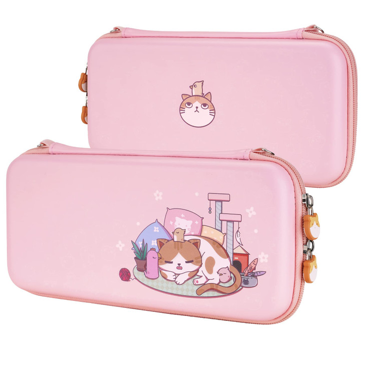 PlayVital Pink Cute Carrying Case for Nintendo Switch OLED Thumb Grip Caps Kitten Chicken Slim Travel Case for Switch Po