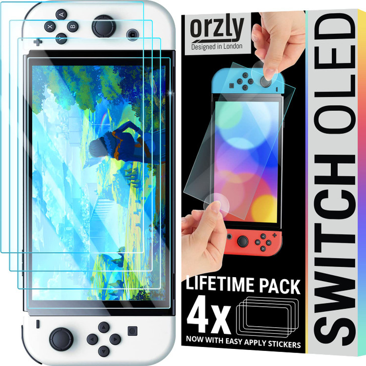 Orzly Glass Screen Protector for Nintendo Switch OLED 2024 Console Accessories Pack of 4 Tempered Glass Life time Editio