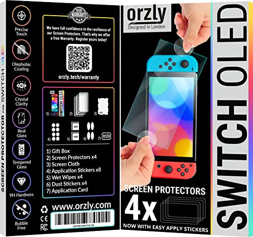 Orzly Glass Screen Protector for Nintendo Switch OLED 2024 Console Accessories Pack of 4 Tempered Glass Life time Editio