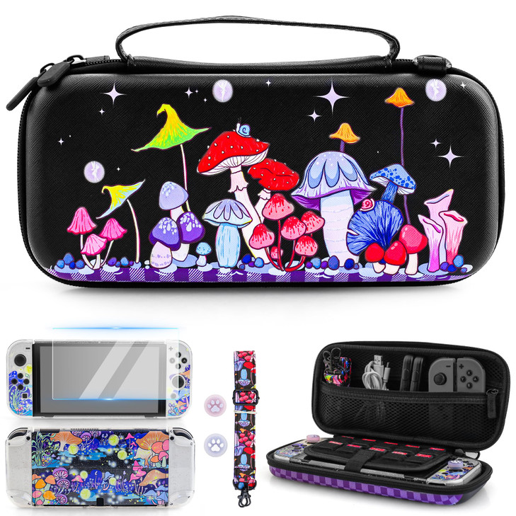 RHOTALL Colorful Mushrooms Carrying Case for Nintendo Switch OLED8 in 1 Accessories Kit Set Travel Carry Case with Cute