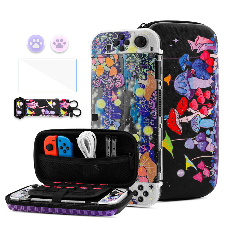 HYPERCASE Cute Mushroom Floral Switch OLED Carrying Case Portable Travel Accessories Storage Bag with Glitter Switch OLE