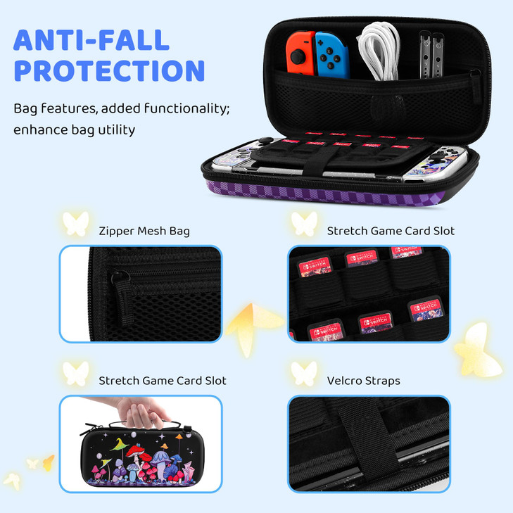HYPERCASE Cute Mushroom Floral Switch OLED Carrying Case Portable Travel Accessories Storage Bag with Glitter Switch OLE