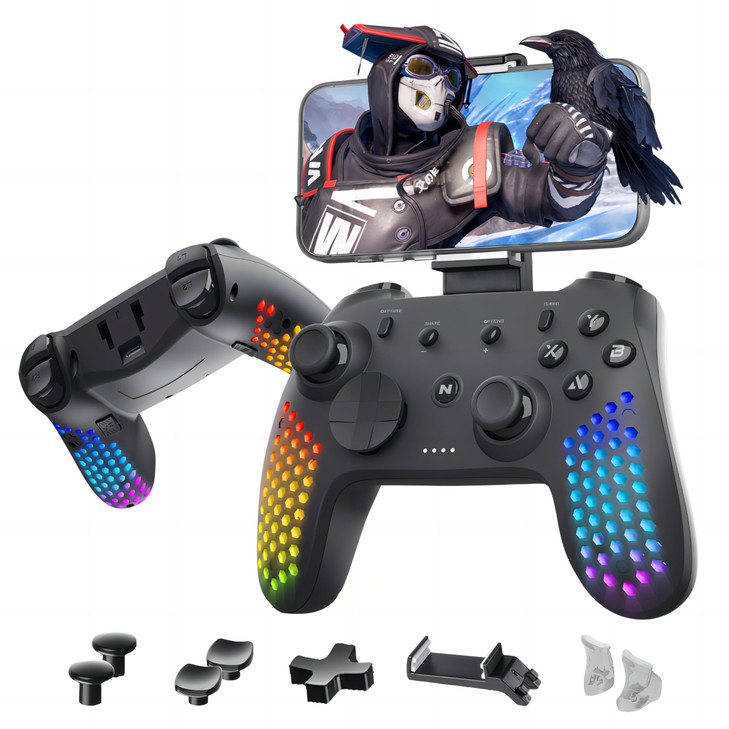 Nitho Gaming Controller for PC Wireless RGB Gamepad with Detachable Phone Clamp Customizable Triggers Vibration