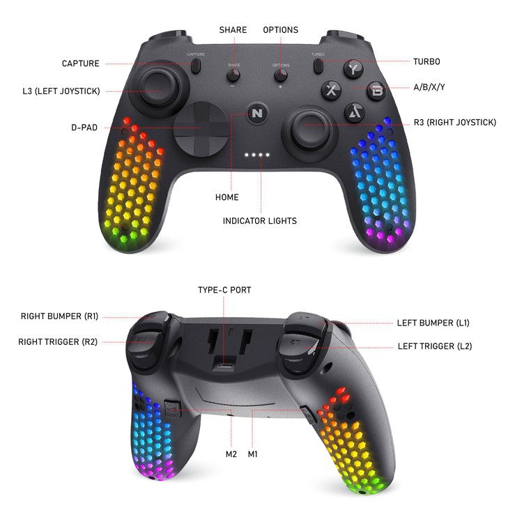 Nitho Gaming Controller for PC Wireless RGB Gamepad with Detachable Phone Clamp Customizable Triggers Vibration