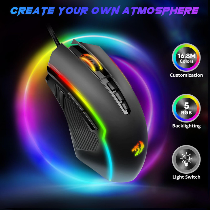 Redragon Gaming Mouse Wired Gaming Mouse with RGB Backlit 8000 DPI Adjustable Mouse with 9 Programmable Macro Buttons Fi