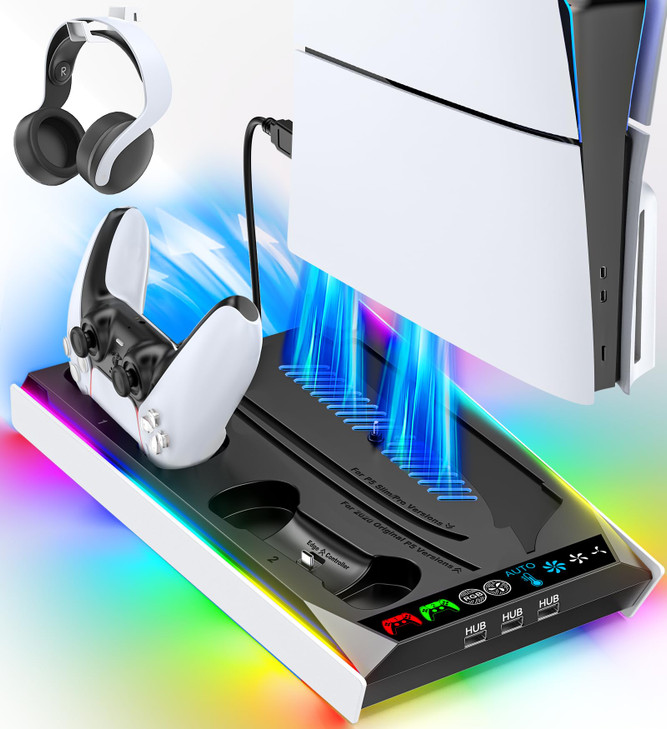 PS5SlimPro Stand for Disc Digital Console PS5 Cooling Charging Station with RGB Lights PS5 Controller Charger Builtin 3