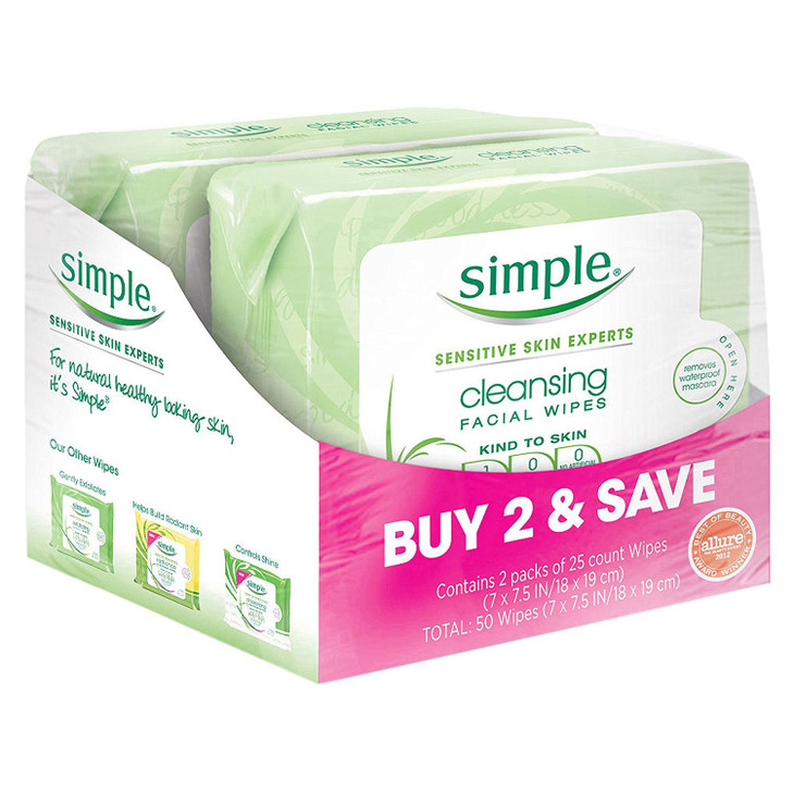 Simple Kind to Skin Facial Wipes, Cleansing 25 ct, Twin Pack online at globaldelivered