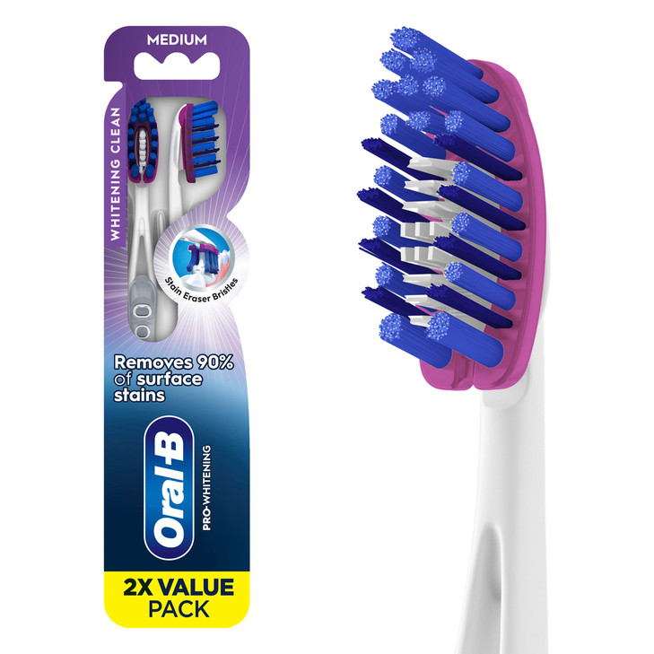 Oral-B 3D White Deep Stain Remover toothbrushes, 2 count toothbrush MEDIUM, Removes 90% of surface stains, whitens teeth, deep reach, removes plaque