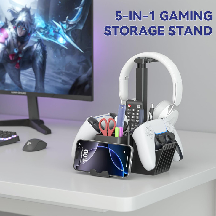 KDD Dual Controller Holder with Headphone Stand MultiFunctional Desk Storage Box with Phone Holder Universal Controller