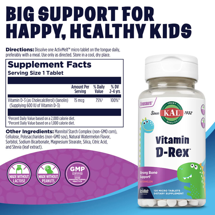 KAL Vitamin D-Rex, Kids Vitamin D, Natural Watermelon Flavor Instant Dissolve Melts, Immune, Heart, Bone, and Oral Health Support, 120 Servings, 120 online at globaldelivered