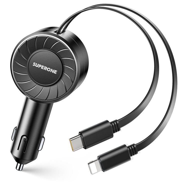 SUPERONE Retractable Car Charger with Retractable Cords Small Fast Charge Retractable Car Phone Charger for iPhone and A