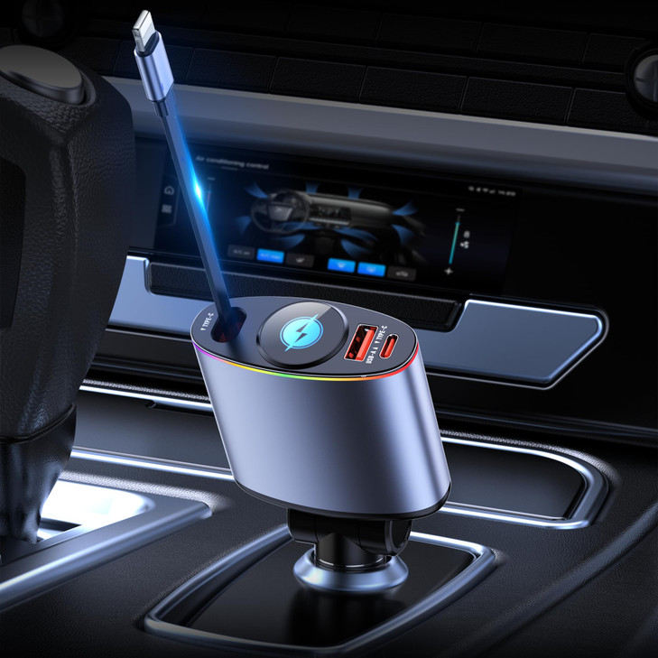 Retractable Car ChargerTopume 60W Fast Charging USB C Car ChargerRetractable Cable 29FTfor iPhone Cable and Colorful Amb