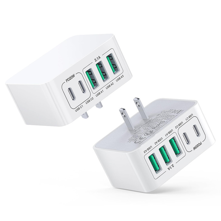 50W USB C Wall Charger Block Thin Flat Cube 2Pack 5Port Type C Charging Block Fast Dual Charger PD Power AdapterQC 30 Wa
