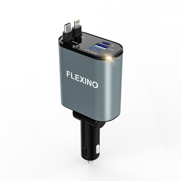 Flexino Retractable Car Charger for iPhone 16 69W Fast Charging Car Charger USB C Car Chargers with 2 Retractable Cords