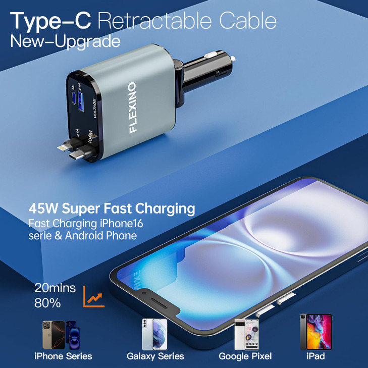 Flexino Retractable Car Charger for iPhone 16 69W Fast Charging Car Charger USB C Car Chargers with 2 Retractable Cords