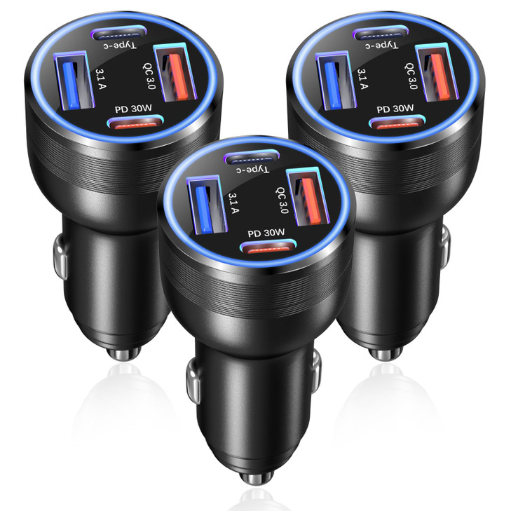 USB C Car Charger 65W OKRAY 3Pack 4Port Type C Fast Car Phone Charger PD30WQC30 Multiport 12v Cigarette Lighter Adapter