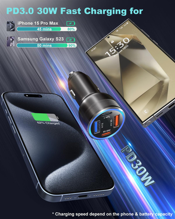 USB C Car Charger 65W OKRAY 3Pack 4Port Type C Fast Car Phone Charger PD30WQC30 Multiport 12v Cigarette Lighter Adapter