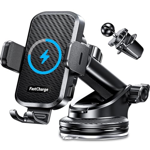 CHGeek Wireless Car Charger with Phone Holder Mount 15W Fast Charging Auto Clamping Phone Holders for You Car Windshield