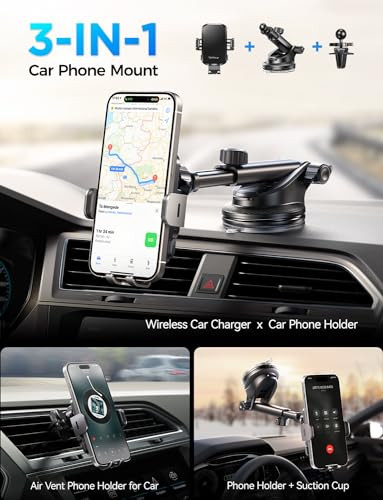CHGeek Wireless Car Charger with Phone Holder Mount 15W Fast Charging Auto Clamping Phone Holders for You Car Windshield
