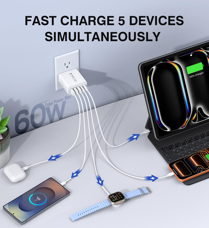 2Pack USB C Wall Charger60W 5Port PD Fast USB C Charging Block2USB C3USB A Multiport PlugType C Power Adapter Brick Cube