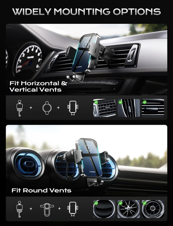 CHGeek Wireless Car Charger 15W Fast Charging Car Phone Holder Charger AutoClamping Air Vent Car Phone Mount with Blue L